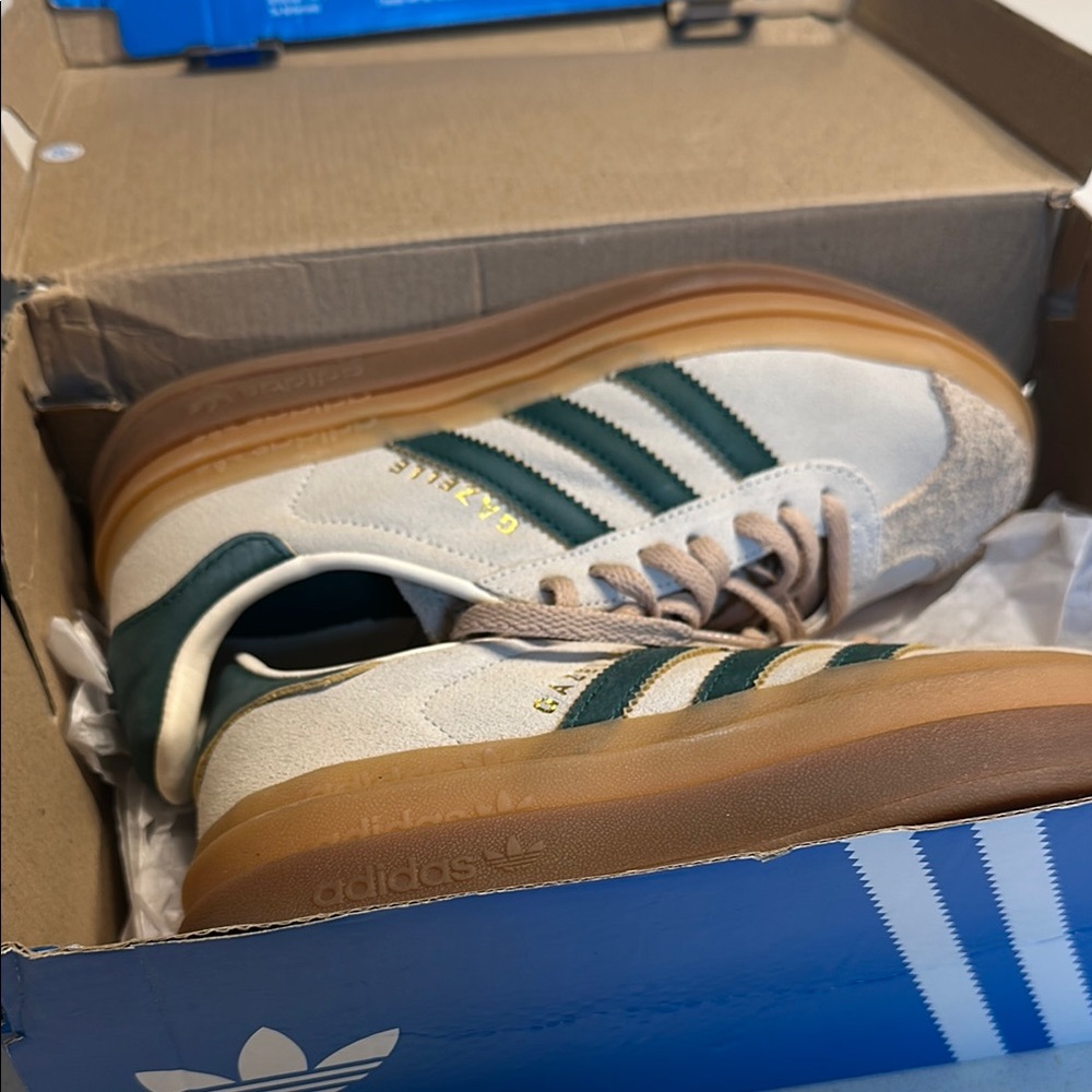 Adidas Green and Tan Retro Sneakers with Signature Stripes
